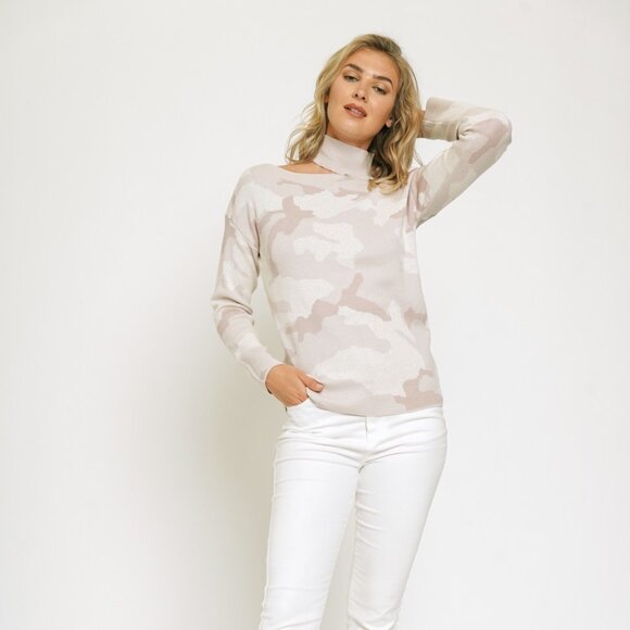 MYSTREE Pink Camo Print Choker Sweater Long Sleeve Cutout Knit Top - Picture 3 of 6